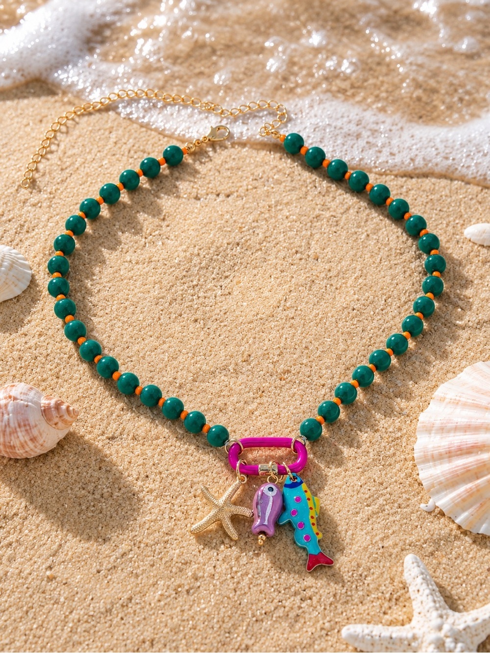 Coastal Fish Charm Necklace Green Beaded Beach Jewelry - Picture 3 of 5